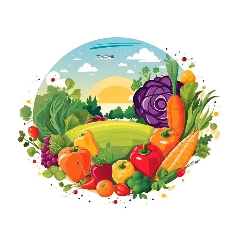 Fresh Vegetables and Fruits with a Sunset Background