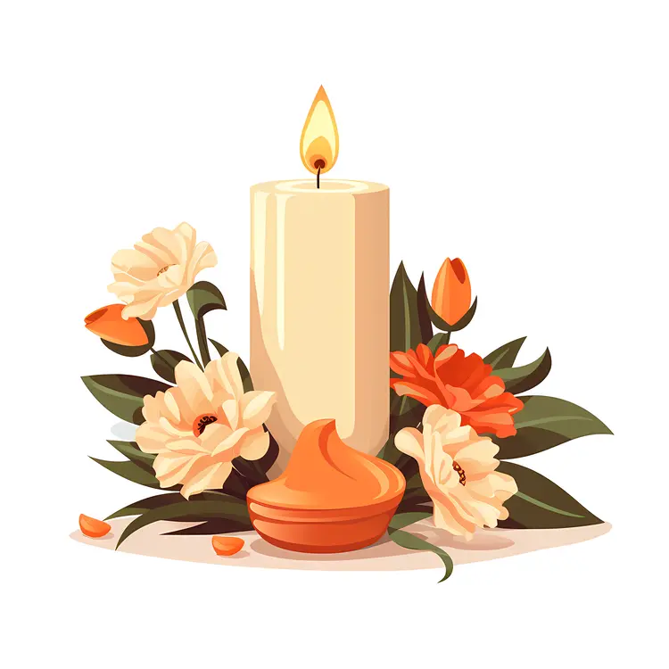 Single Candle with Orange and White Flowers