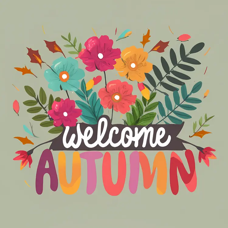 Welcome Autumn Text with Flowers and Leaves