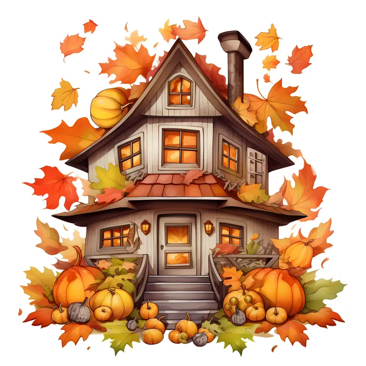 Small cute doodle house surrounded by autumn leaves