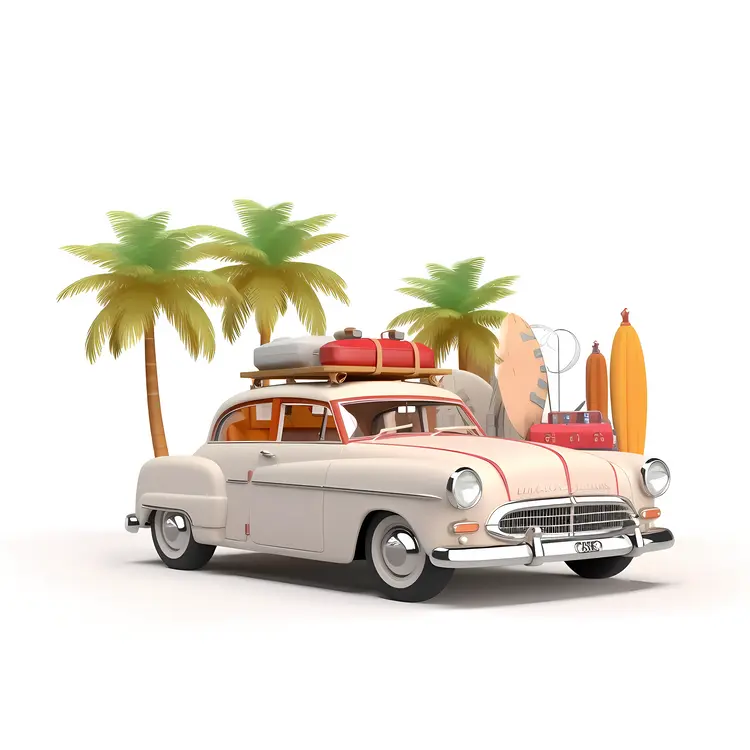 Vintage Car with Luggage and Surfboards for Summer Vacation