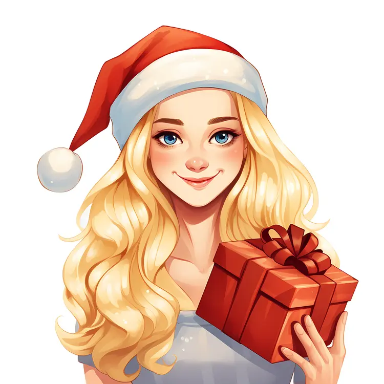 Blonde Girl with Santa Hat Holding a Red Gift