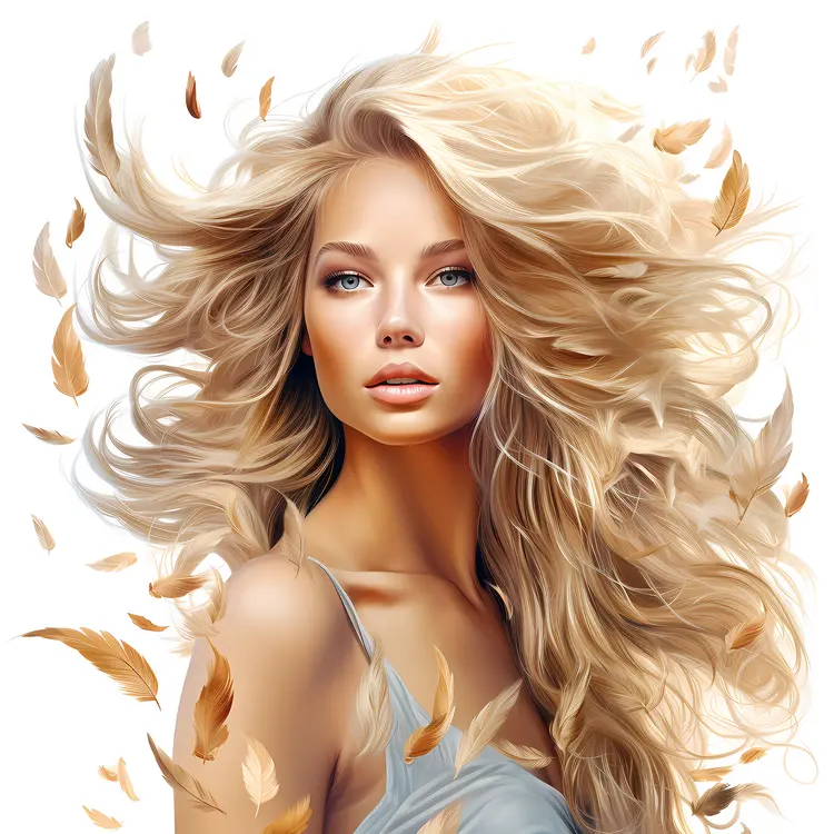Beautiful Blonde Woman with Flowing Hair and Feathers