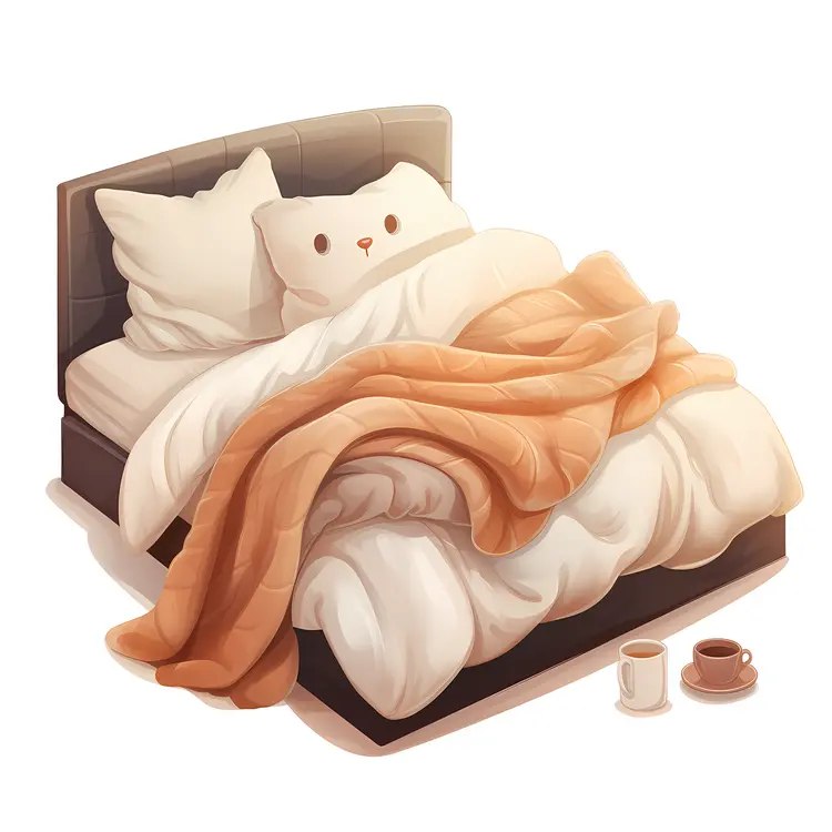 Cozy Bed with Orange Blanket and Cups