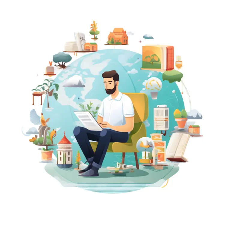 Man Reading in a Cozy Environment with Global Elements