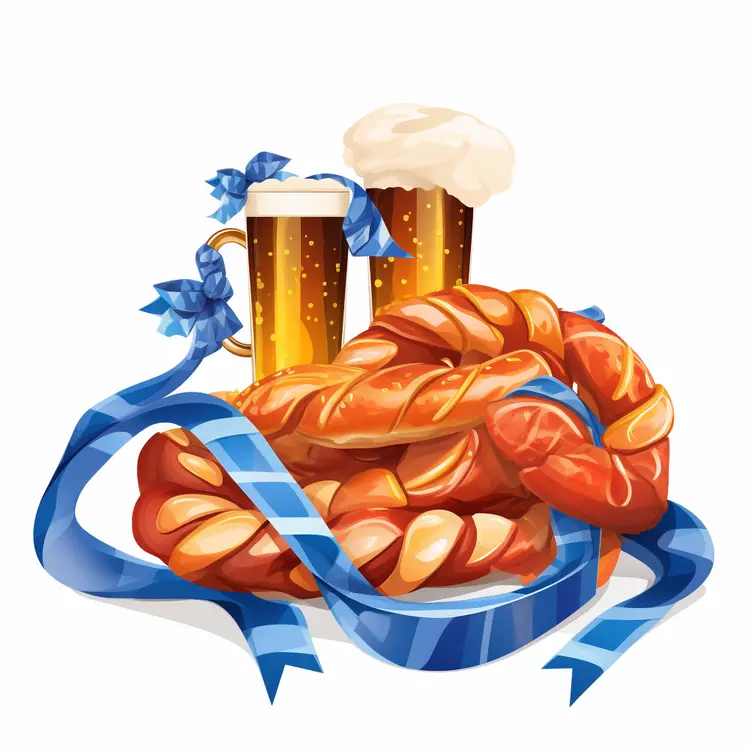 Pretzel and Beer with Blue Ribbon for Oktoberfest Celebration