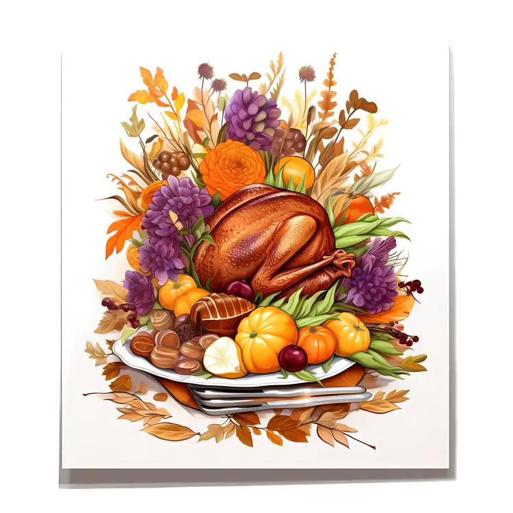Thanksgiving Feast with Roast Turkey and Pumpkins