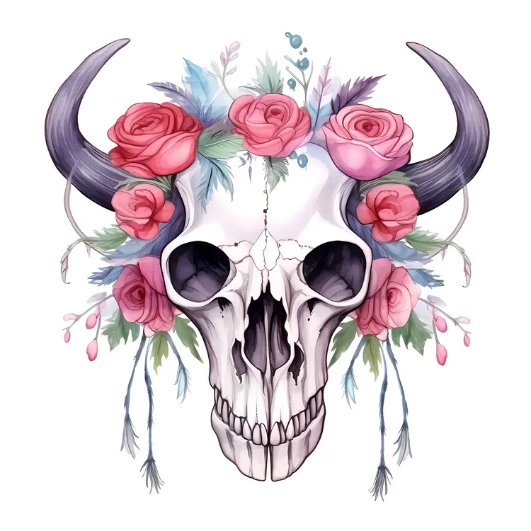 Artistic Skull with Flowers and Horns
