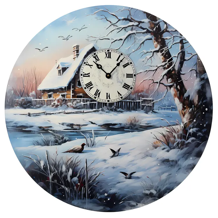 Snowy Cottage Clock in Winter Wonderland