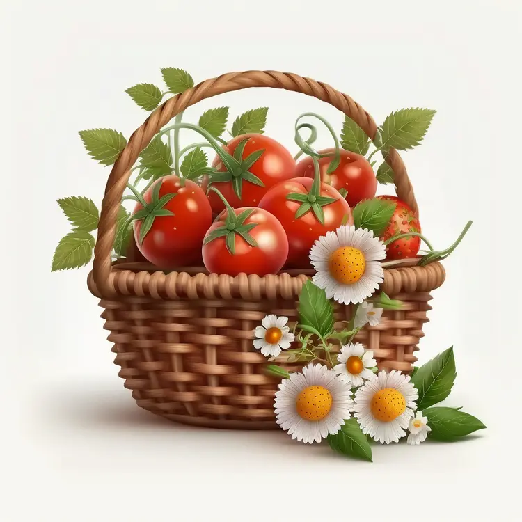 Fresh Tomatoes in a Wicker Basket with Daisies