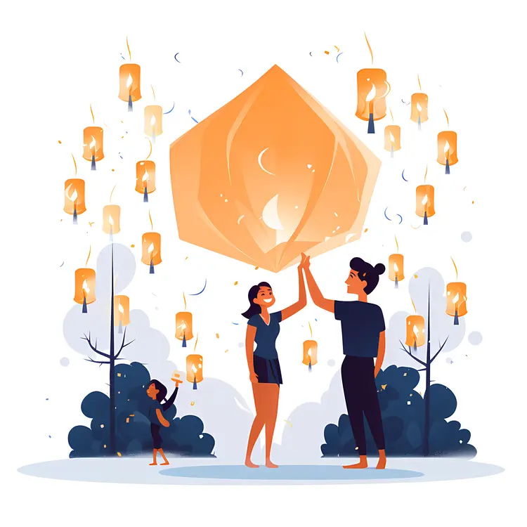 Family Releasing Sky Lanterns at Night
