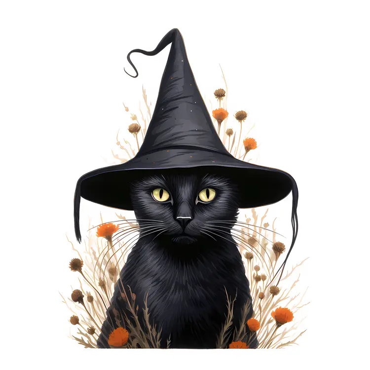 Black Cat with Witch Hat and Flowers