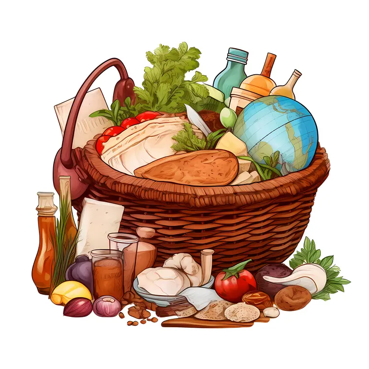 Basket with Fresh Food and Groceries