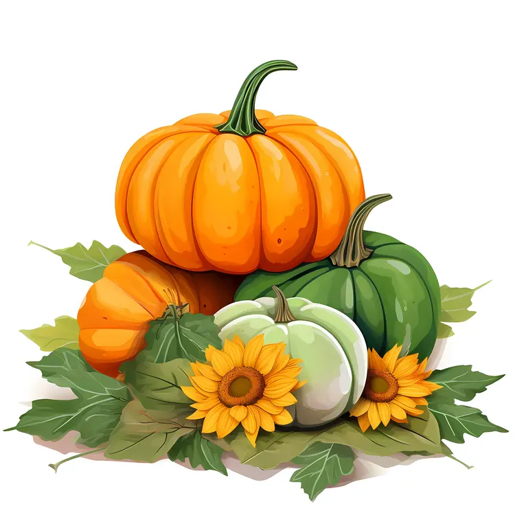 Pumpkins and Sunflowers with Autumn Leaves