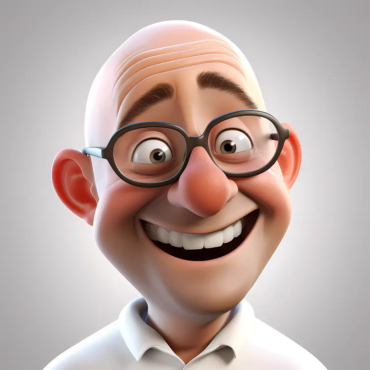 Smiling Bald Cartoon Man with Glasses