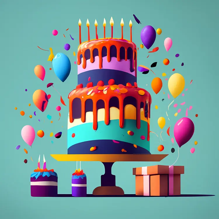 Colorful Birthday Cake with Balloons and Gifts