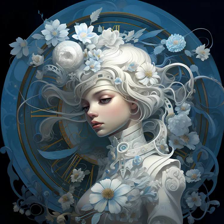 Graceful Woman with White Flowers and Clock