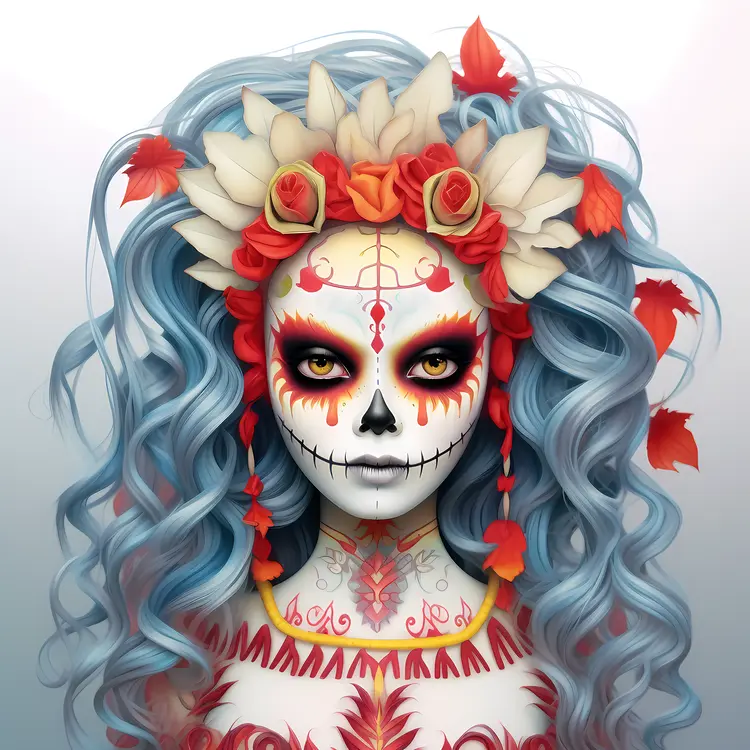 Colorful Sugar Skull with Blue Hair and Flowers
