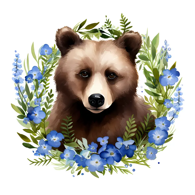 Bear Surrounded by Blue Floral Wreath