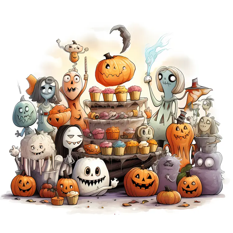 Cute Ghosts with Cupcakes and Pumpkins