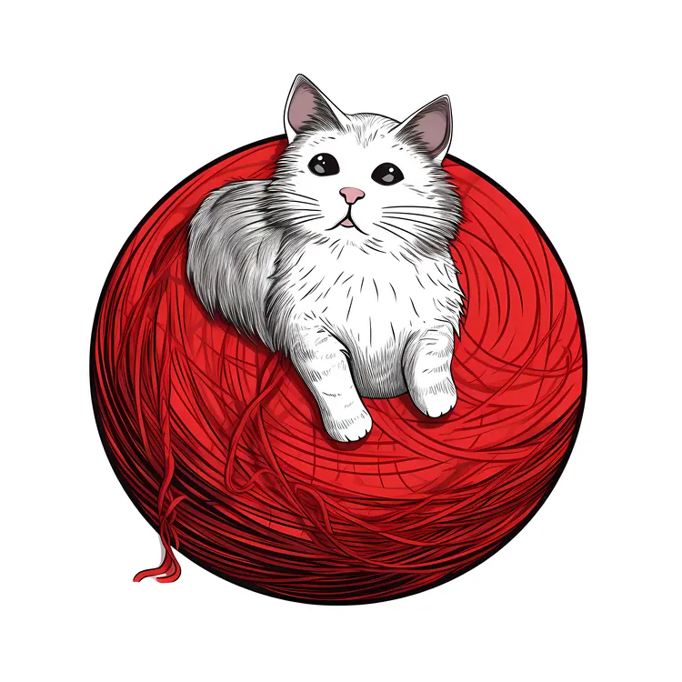 Cute Kitten on Red Yarn Ball Illustration