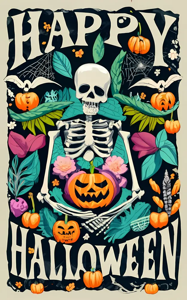 Happy Halloween with Skeleton and Floral Decor