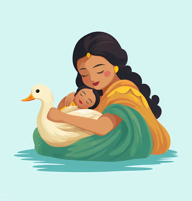 Loving Mother and Child with a Duck in Green Sari