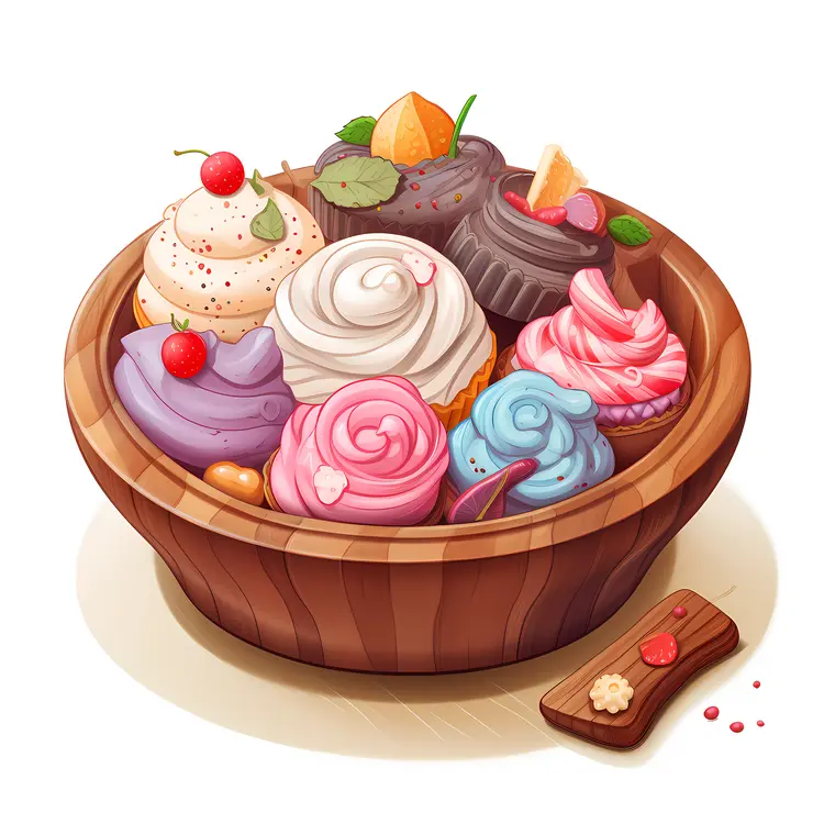 Colorful Cupcakes in a Wooden Bowl