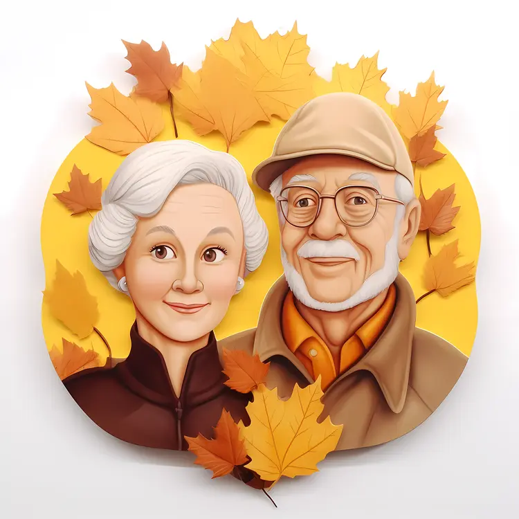 Elderly Couple with Autumn Leaves for Grandparents Day