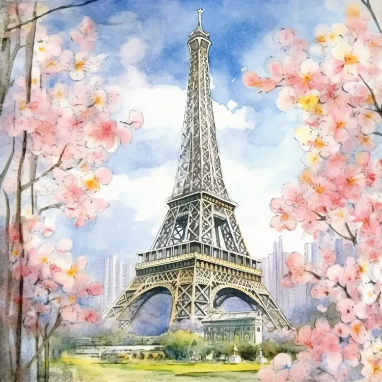 Eiffel Tower with Cherry Blossoms in Spring