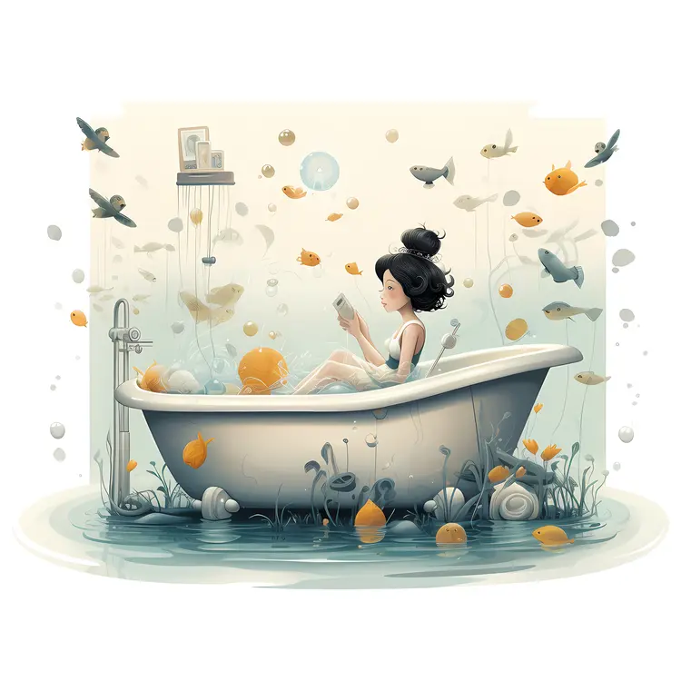 Woman Reading in Bathtub with Floating Fish