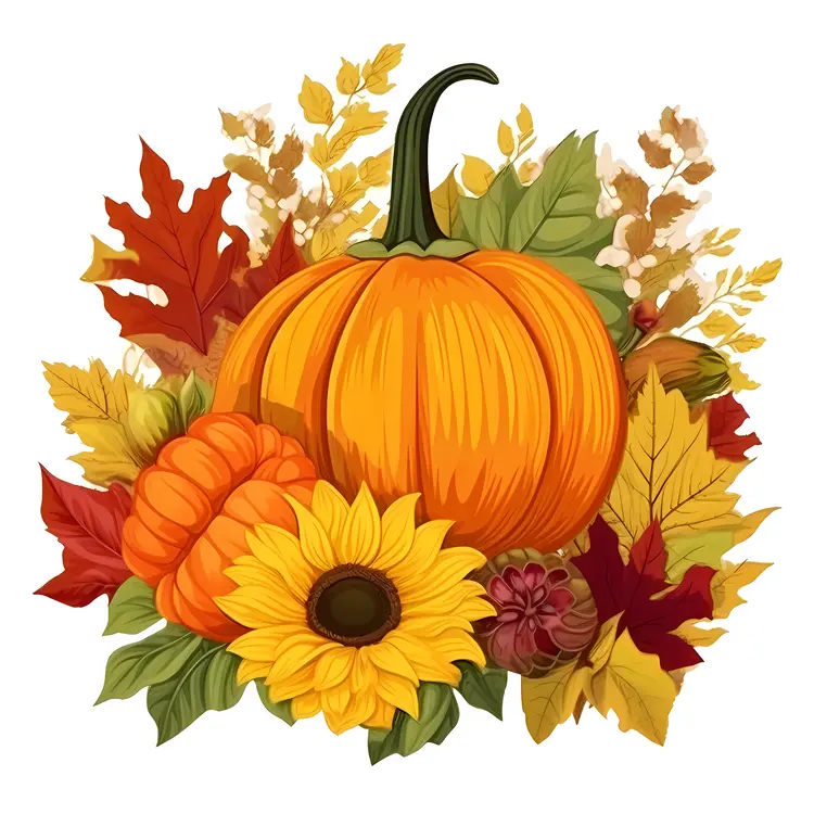 Beautiful Pumpkin and Autumn Leaves Illustration for Thanksgiving