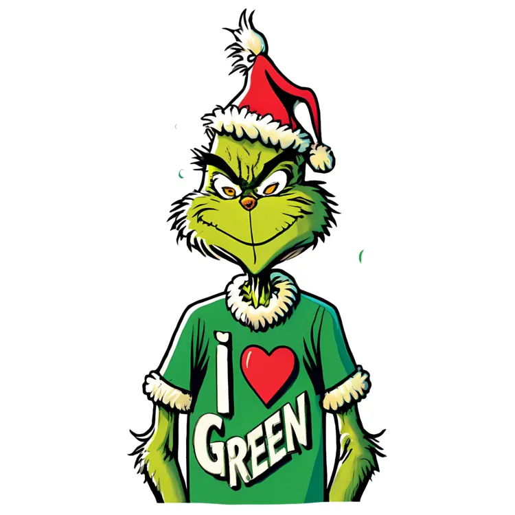 Grinch in Santa Hat with I Love Green Shirt