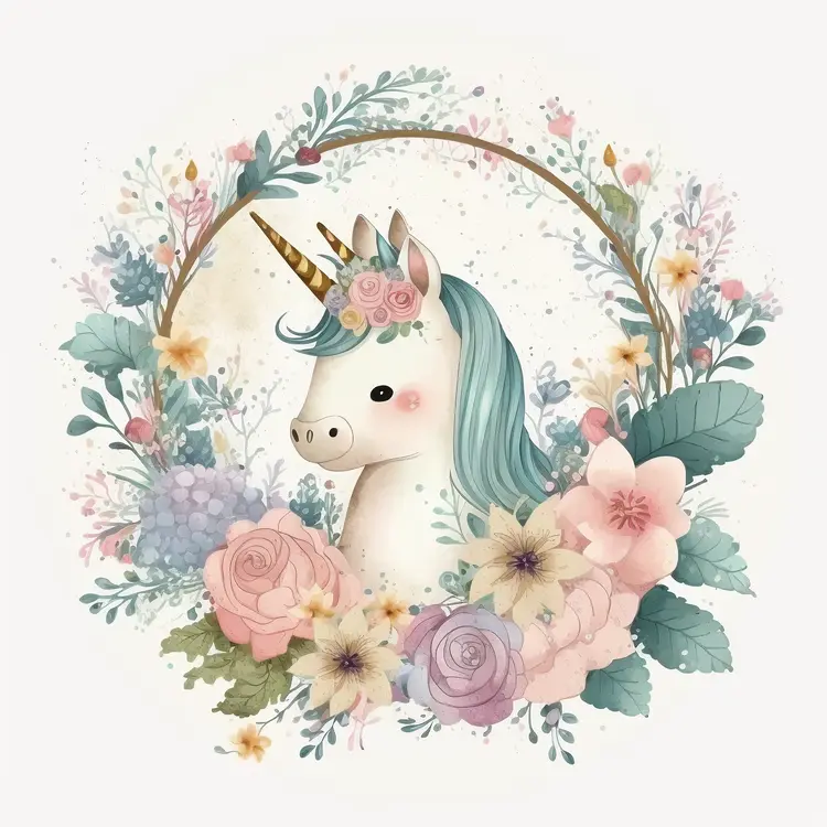 Cute Pastel Unicorn with Floral Wreath