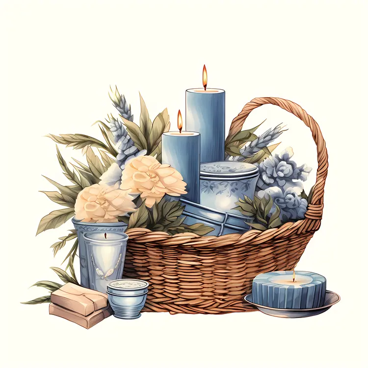 Blue Candles in Basket with Flowers