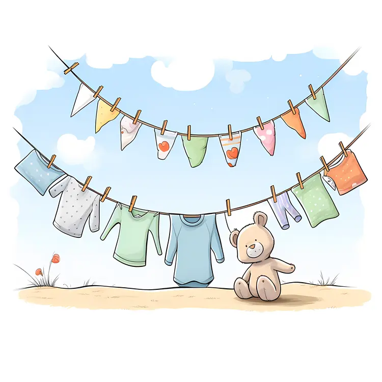 Cute Teddy Bear with Children's Clothes on Clothesline
