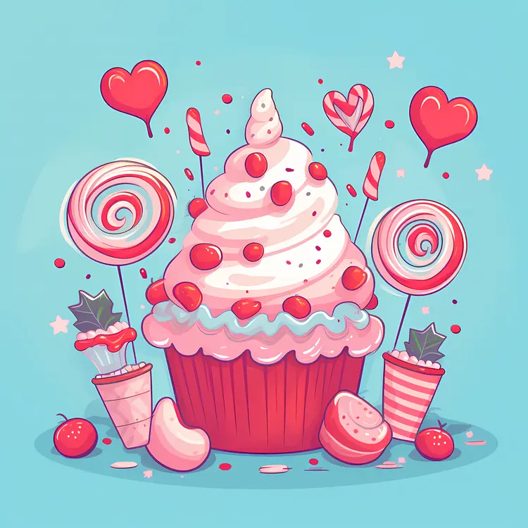 Cute Cupcake with Hearts and Lollipops for Valentine's Day