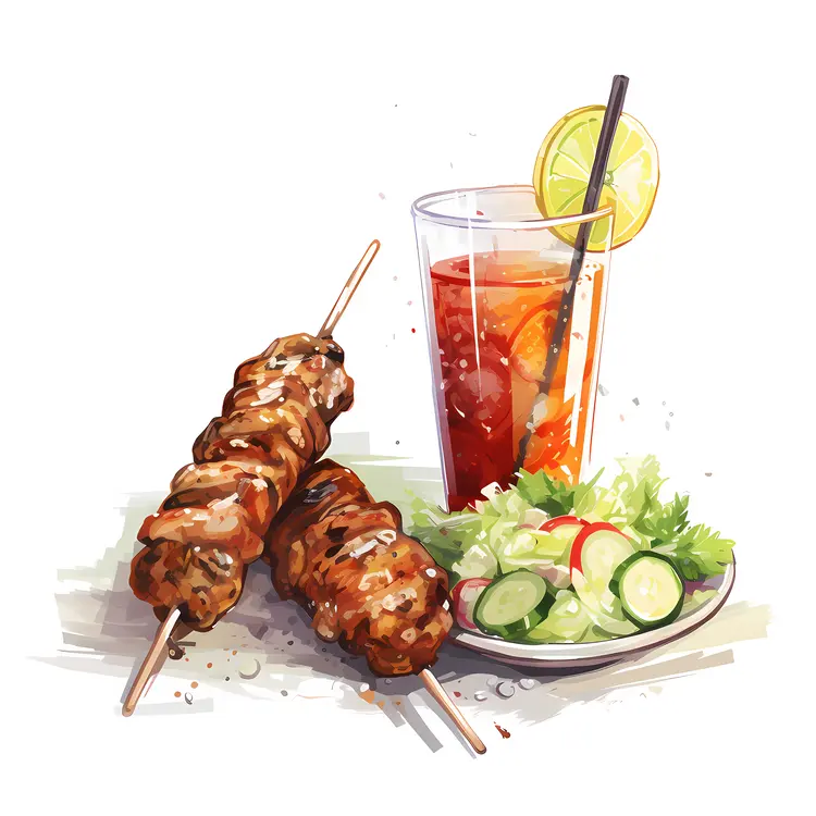Grilled Meat Skewers with Salad and Drink
