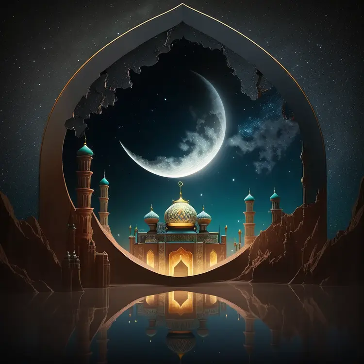Beautiful Mosque with Crescent Moon at Night