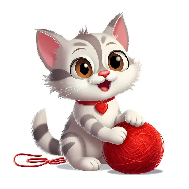 Cute Cartoon Cat with Red Yarn Ball