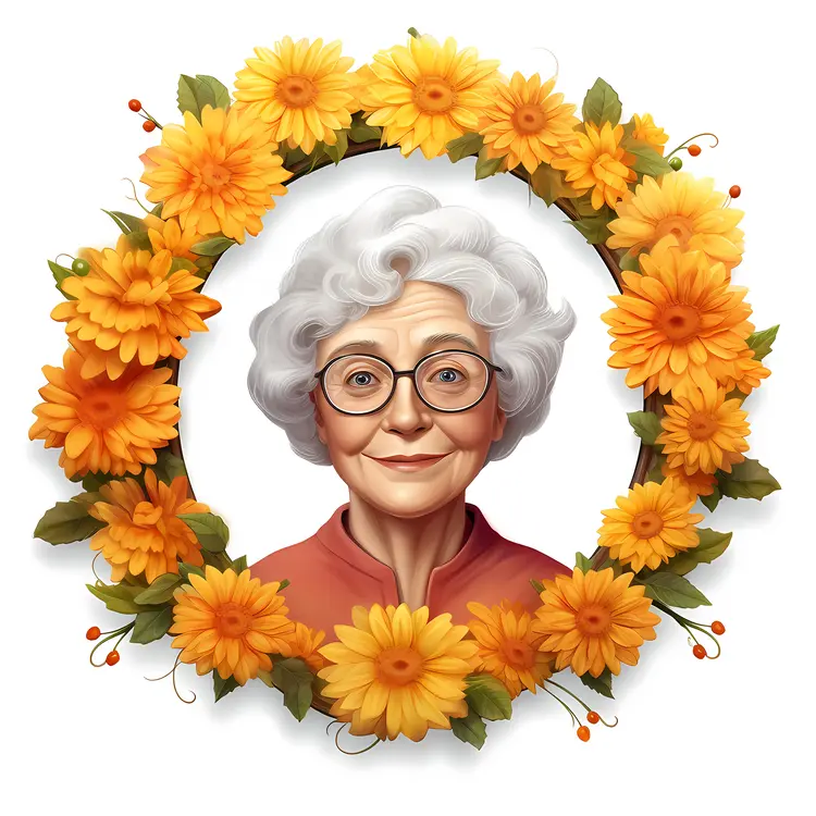 Elderly Woman Surrounded by Yellow Flower Wreath
