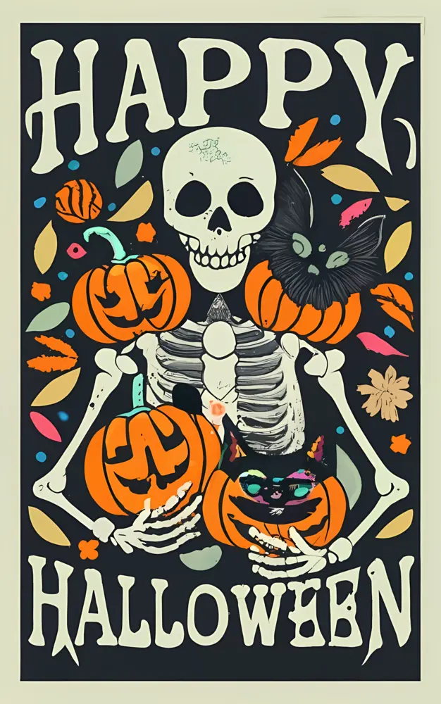 Skeleton with Pumpkins and Cats for Halloween