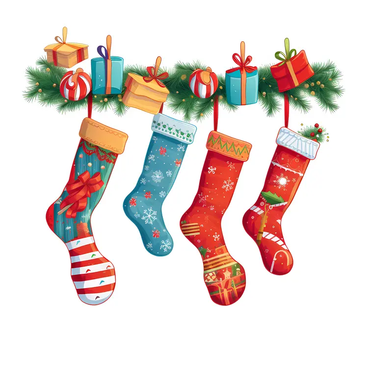 Colorful Christmas Stockings with Garland and Presents