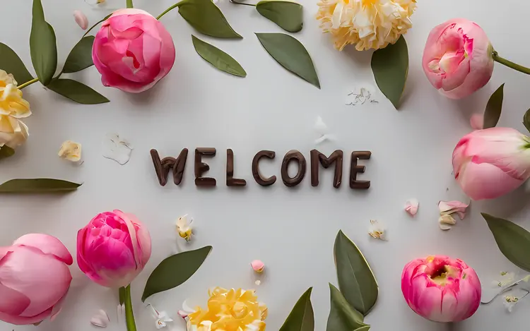 Welcome Text with Flowers and Leaves