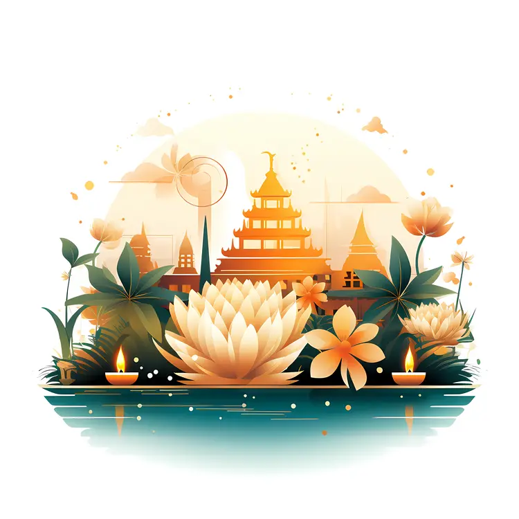 Temple and Lotus Flowers for Loy Krathong