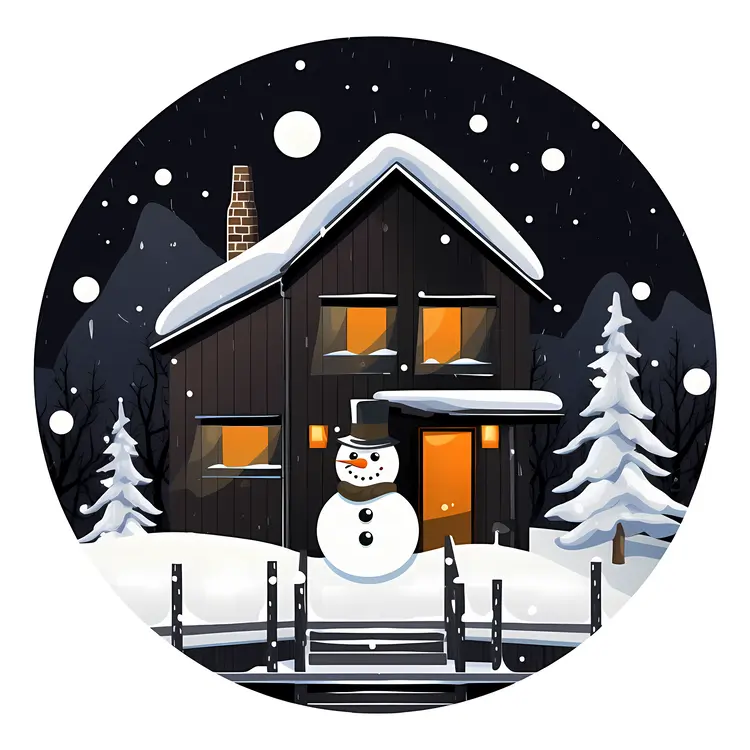 Snowman in Front of Cozy House at Night