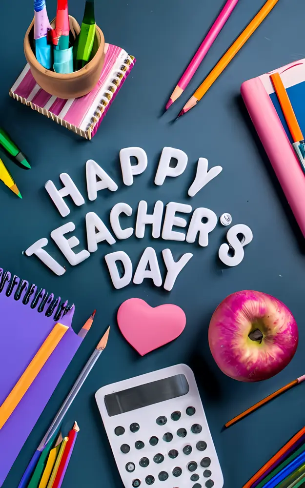 Happy Teacher's Day Greeting with Notebook and Pencils