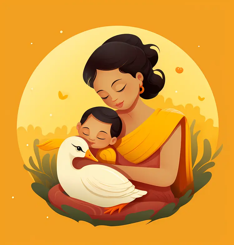 Loving Mother and Child with a Duck in Yellow Sari