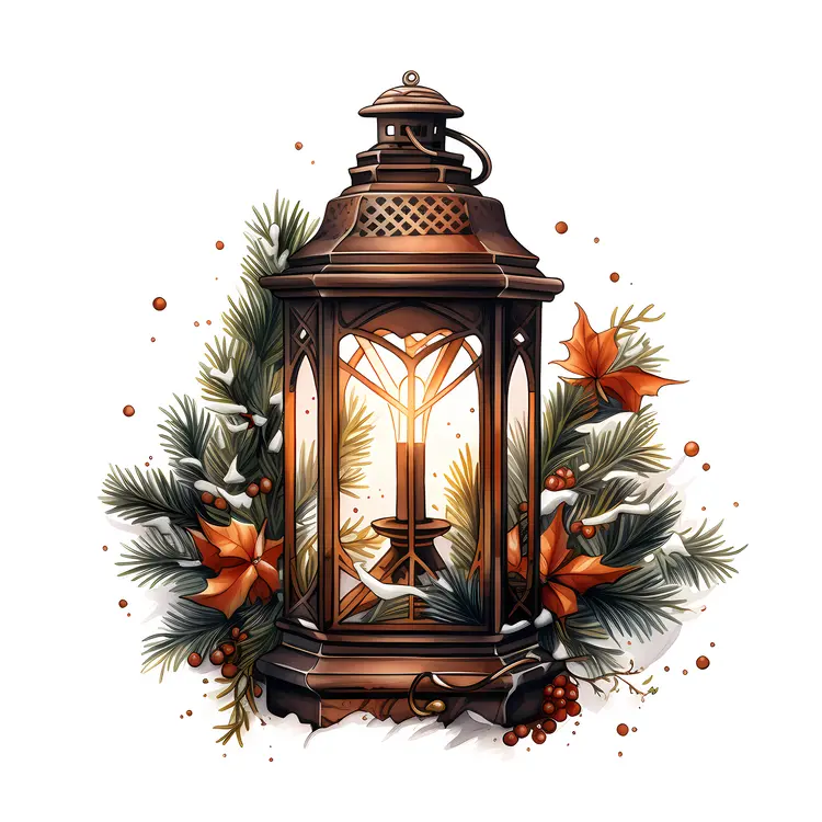 Bronze Lantern with Candle and Leaves