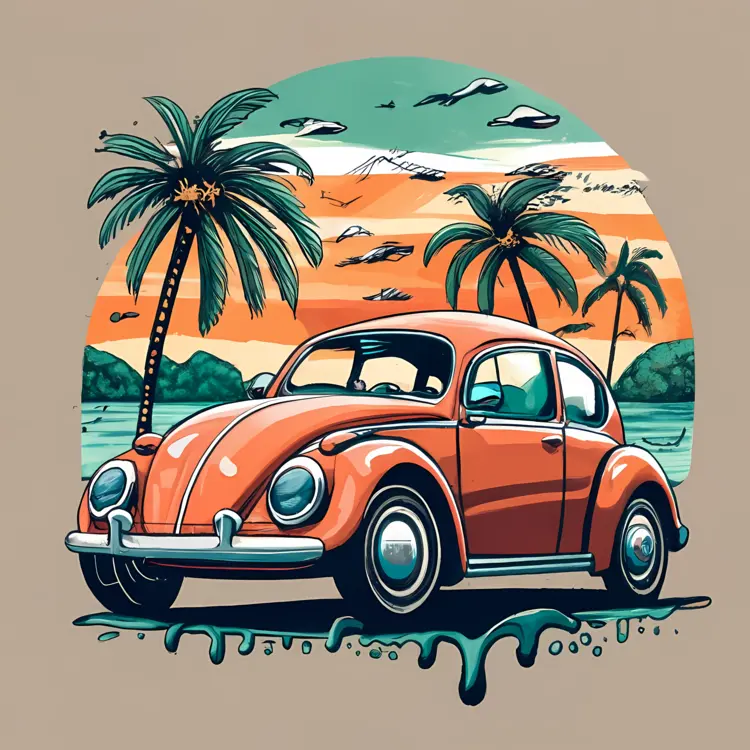 Classic Orange Car with Palm Trees